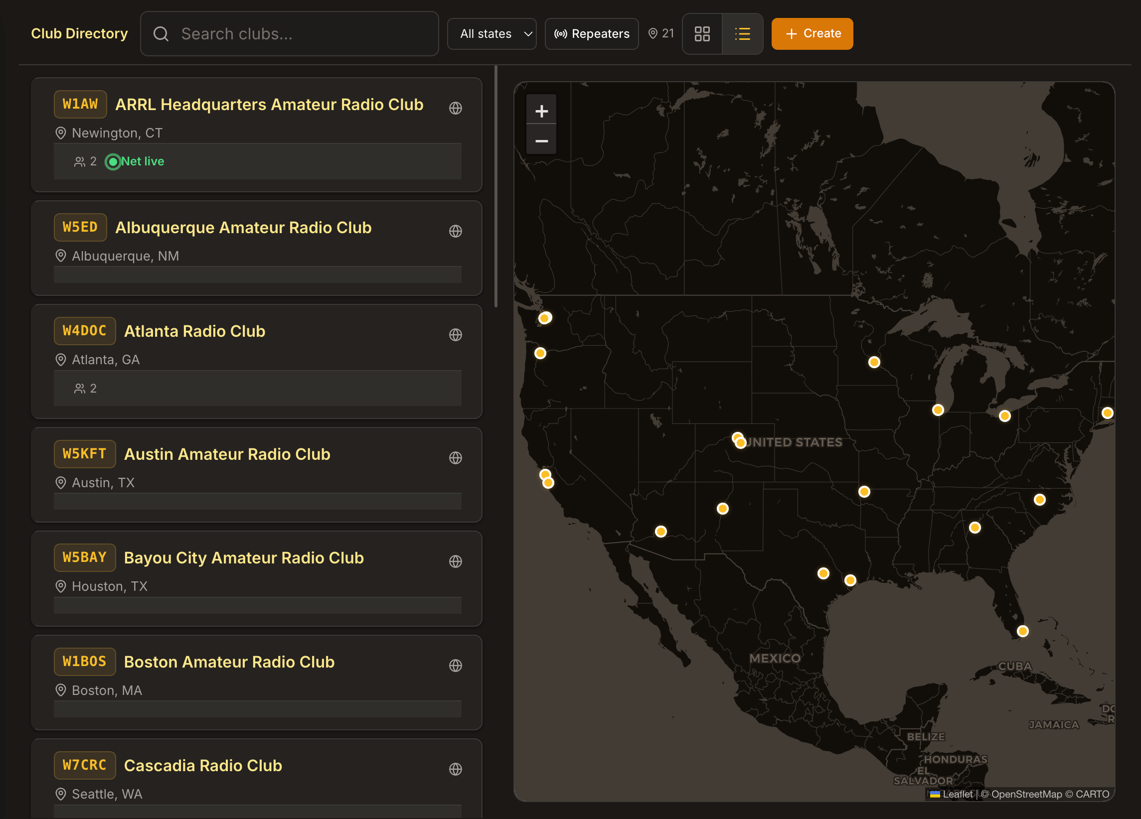Club directory with split-pane map view