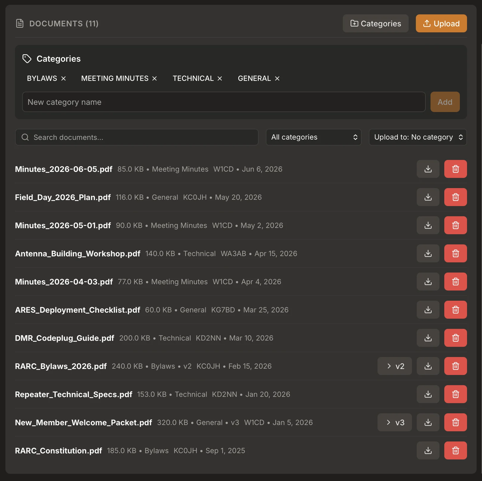 Club document library with categories and versioning