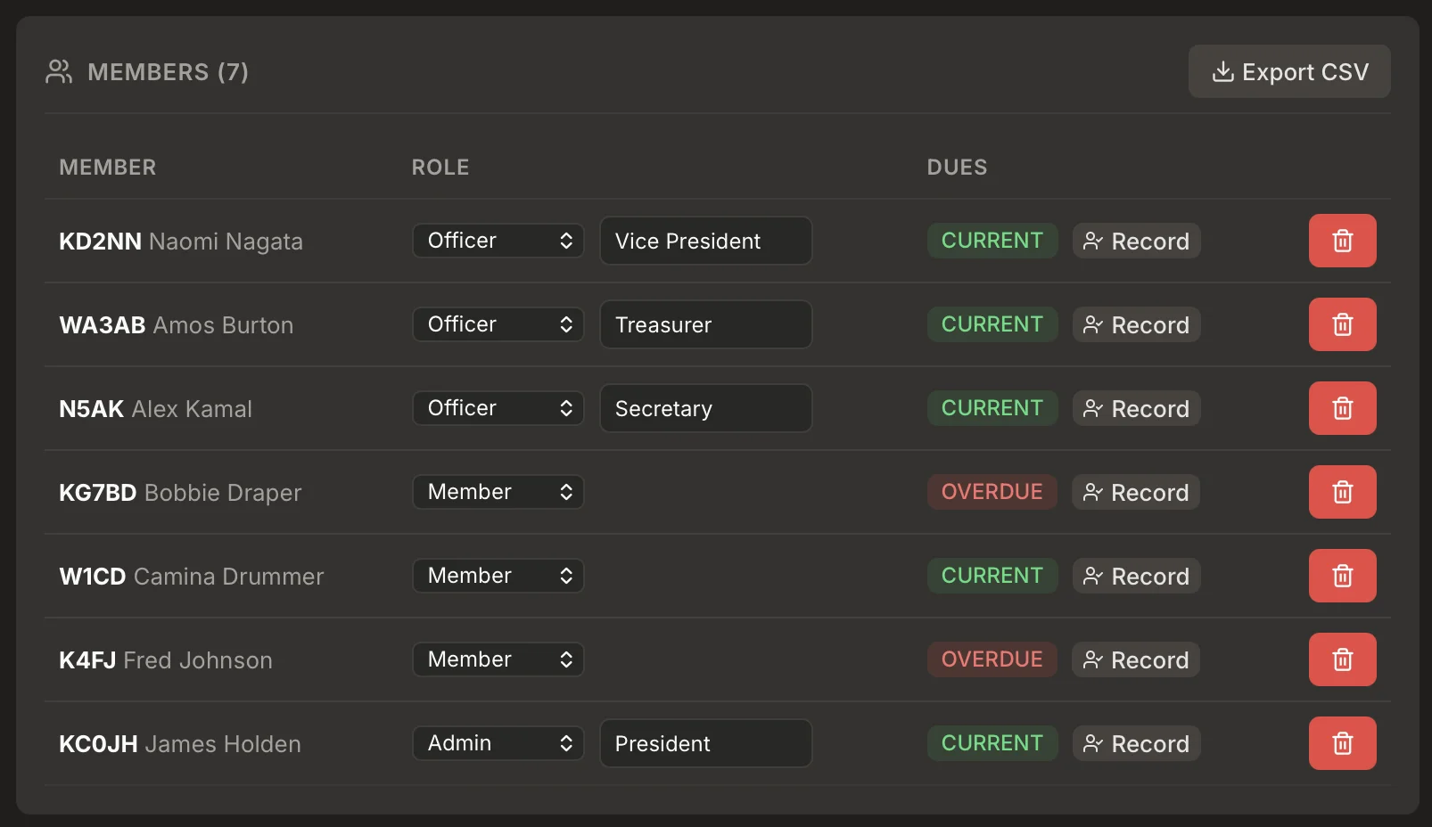 Club dues tracking with payment status