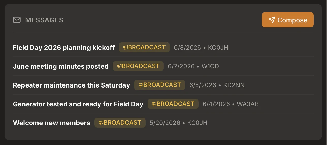 Club messaging interface with broadcasts and direct messages