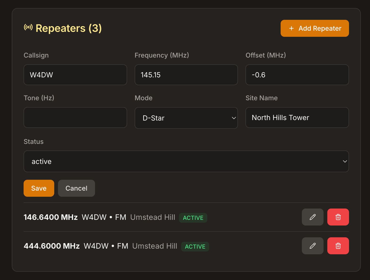 Repeater listings with frequencies and status