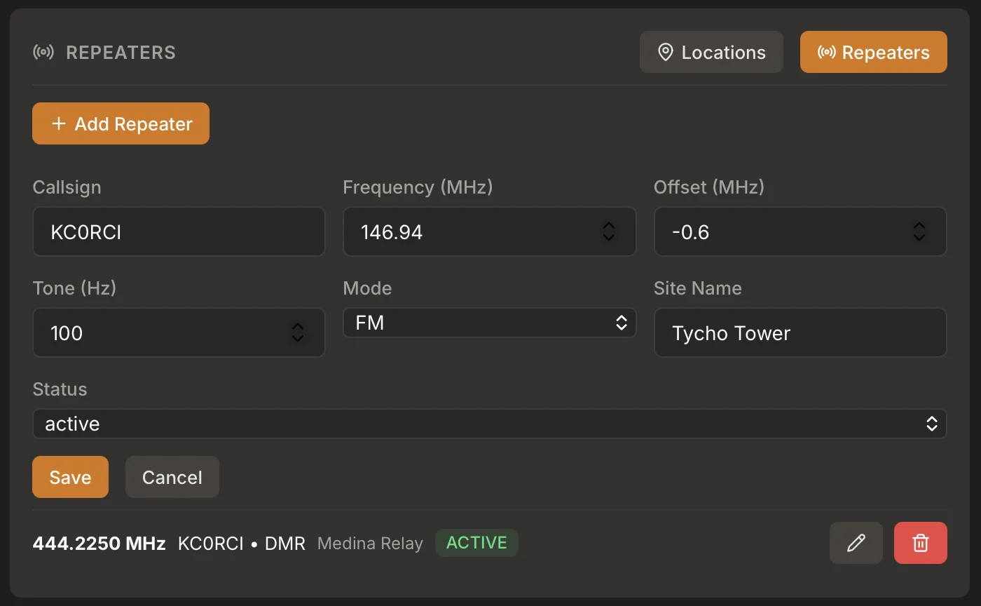 Repeater listings with frequencies and status