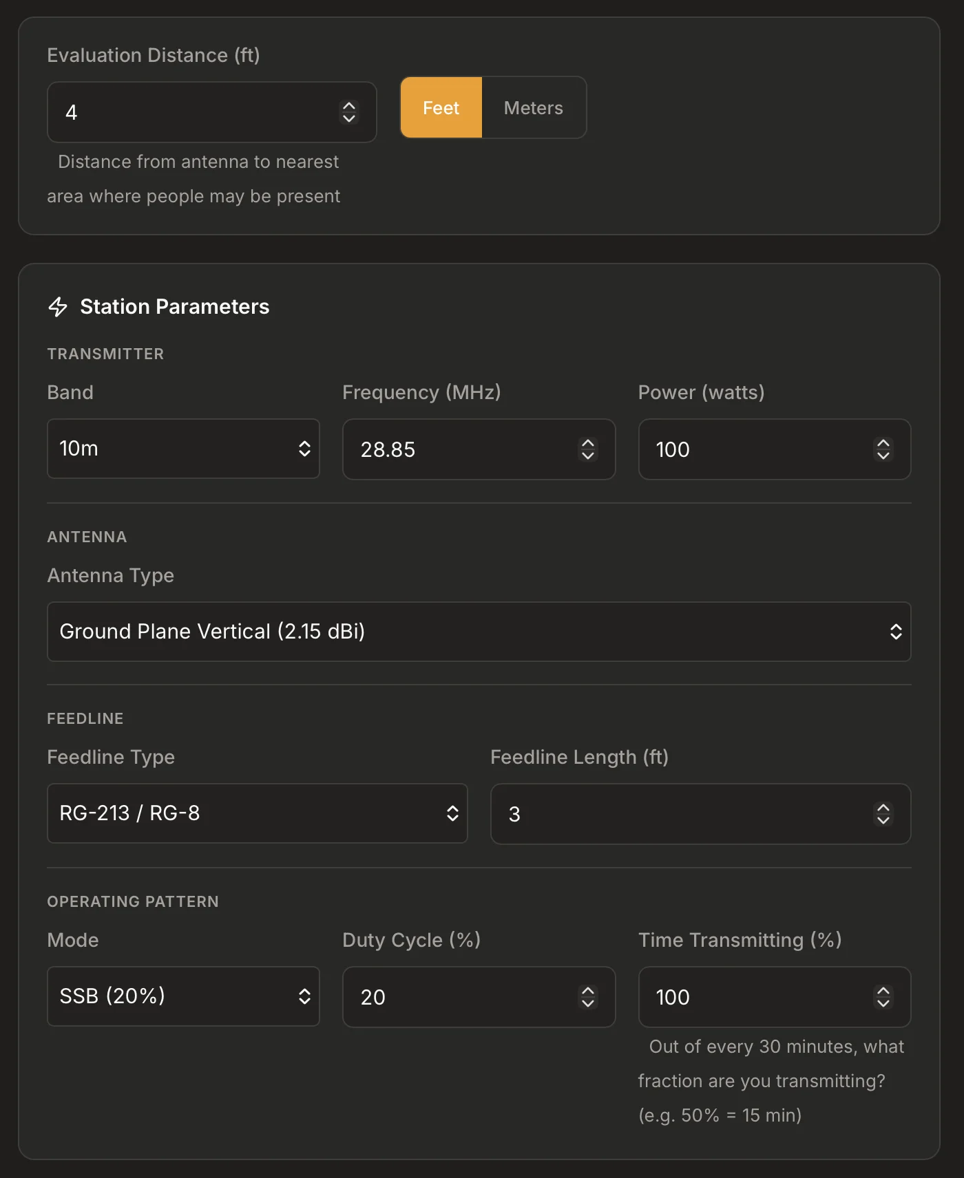 Groundwave RF exposure calculator form with band, mode, power, antenna, and feedline inputs