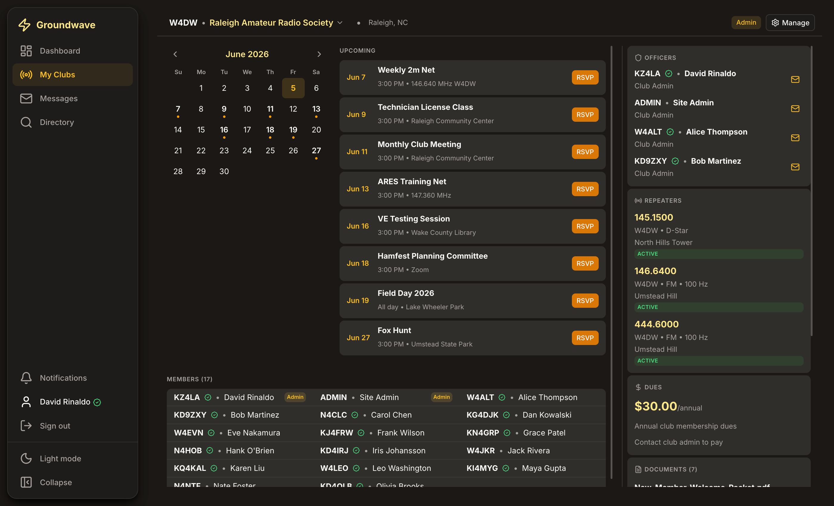 Groundwave club workspace with calendar, events, and sidebar