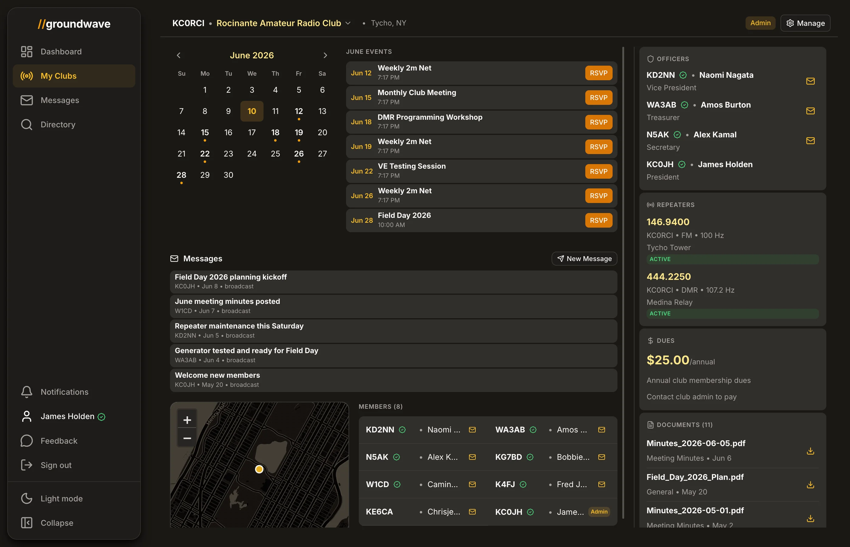 Groundwave club workspace with calendar, events, and sidebar